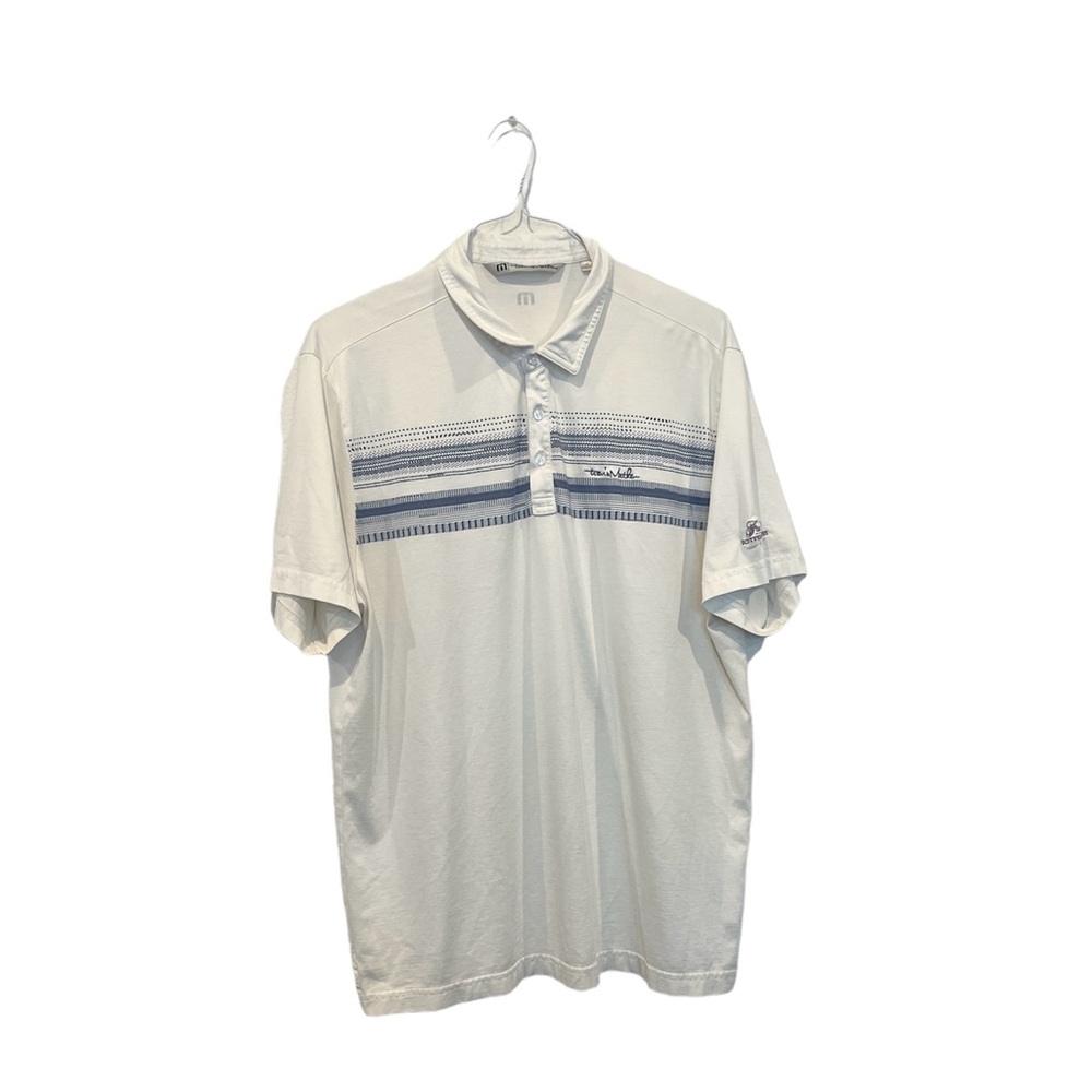 Travis Mathew Golf Polo Shirt Men XL White Blue Stretch‎ Fairmont Scottsdale EUC